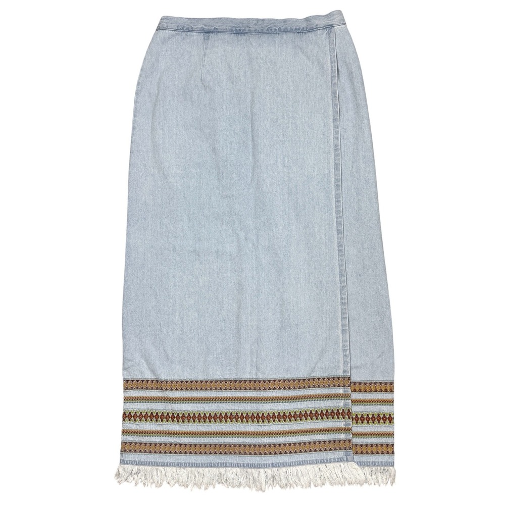 Vintage Midi Denim Jean Skirt Large Faux Wrap Pencil Blue Embroidery Fringe Boho